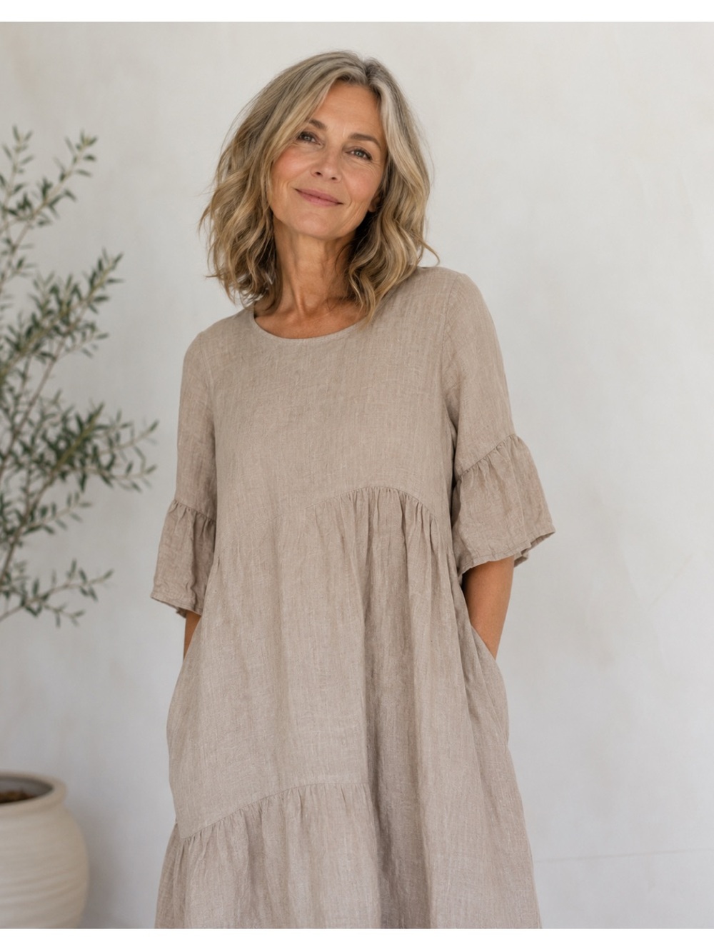 Neutral Linen Tiered Midi Dress in Beige